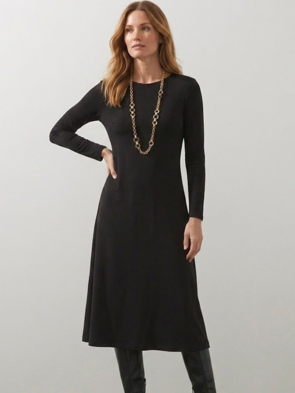 Chico's New Column Black Solid Minimalist Capsule Wardrobe Midi Dress Med (1)